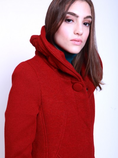 Ladies Overcoat Wool Red Hoodie