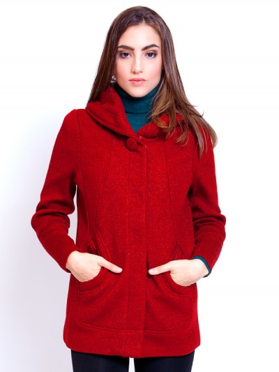Ladies Overcoat Wool Red Hoodie