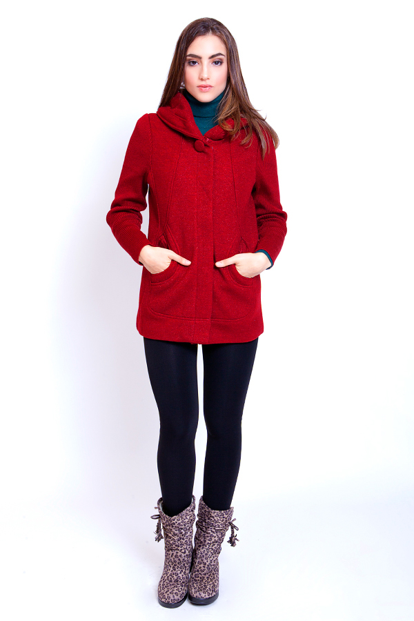 Ladies Overcoat Wool Red Hoodie