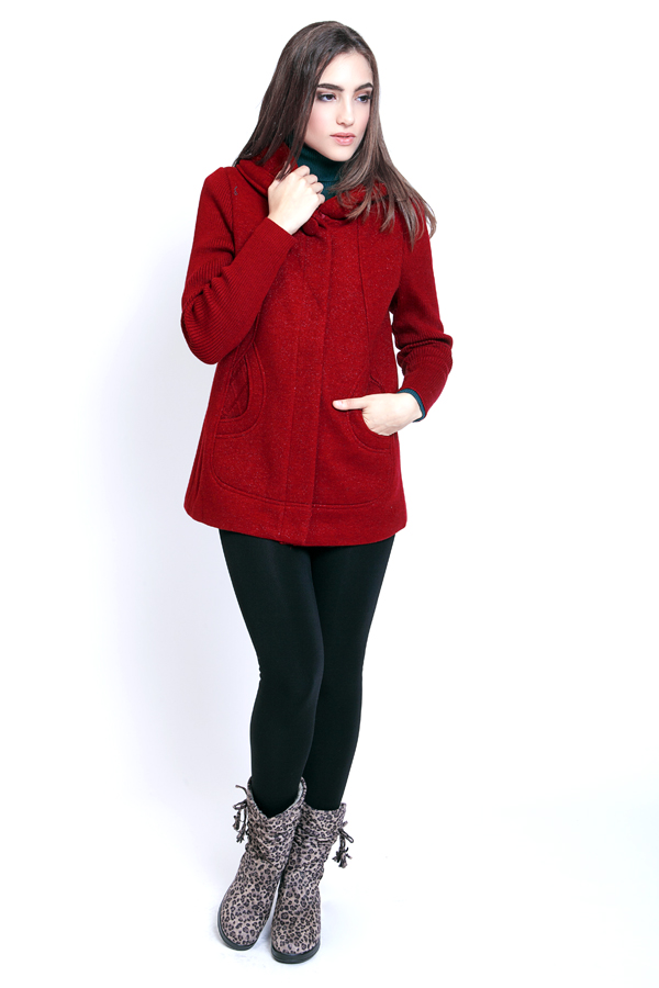 Ladies Overcoat Wool Red Hoodie